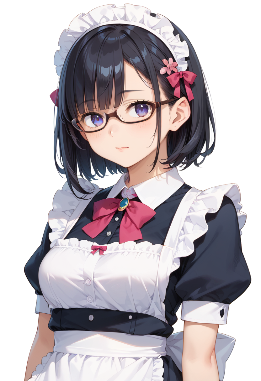 score_9, score_8_up, score_7_up, rating_safe, masterpiece, best quality, absurdres, unity 8k wallpaper, official art, official style, source_anime, uncensored, game cg, megami magazine,
1girl, solo, black hair, medium hair, upper body, covered eyes,maid, maid headdress, black dress, maid apron, face focus,
underrim_cell, glasses, still life, white background, simple background, under-rim eyewear, brown-framed eyewear, 
 <lora:glasses_underRimCell_PONY_V1:1>