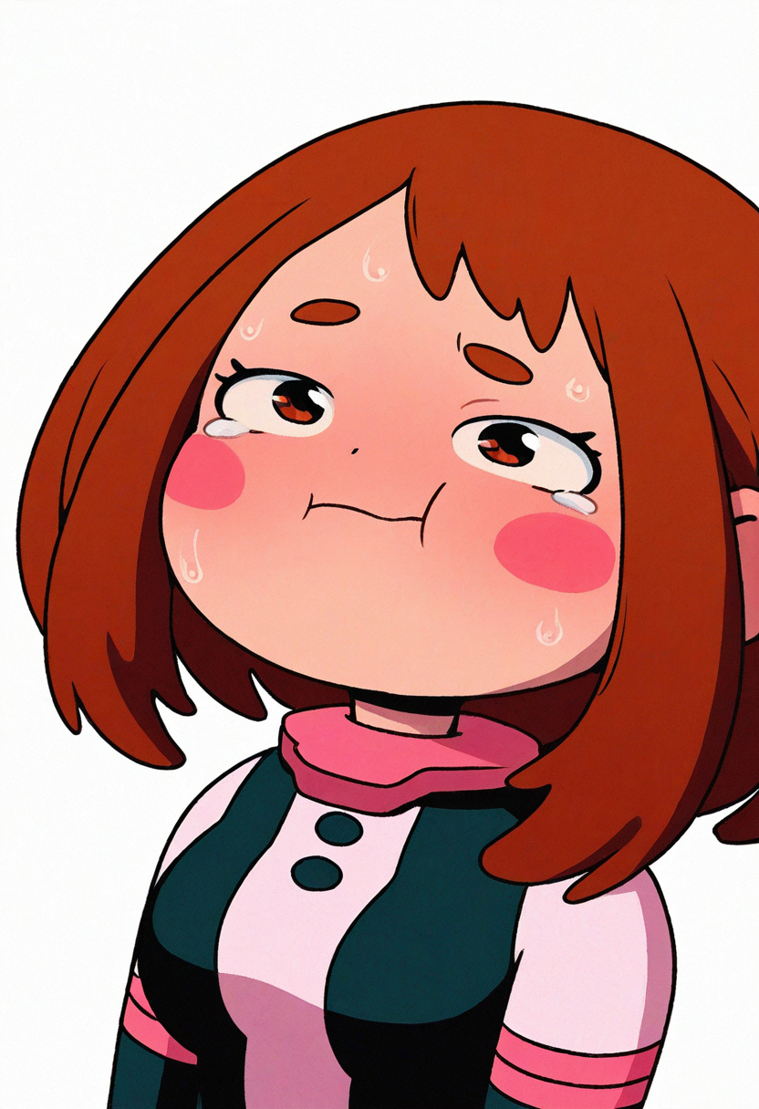 x3t4, masterpiece, cartoon,   best quality, detailed,  solo,   uraraka ochako, cheeks puffed out,  eye squint, ,