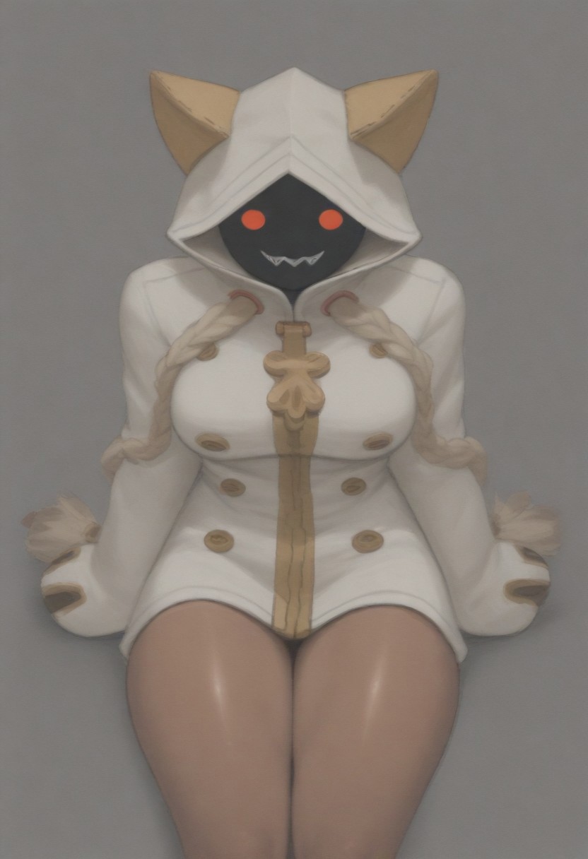 masterpiece, best quality, amazing quality,,, shiny skin,,,,,source_furry, taokaka, animal humanoid, cat humanoid, felid, felid humanoid, feline, feline humanoid, humanoid, kaka \(blazblue\), mammal, mammal humanoid, accessory,, black body, black fur, black skin, blonde hair, bow \(feature\), bow accessory, bow ribbon, braided hair,, clothed, clothing, empty eyes, fangs, female, fur, furgonomics, hair, hair accessory, hair bow, hair ribbon,, hood, hoodie,, long hair, <lora:taokaka_pdxl:1>
