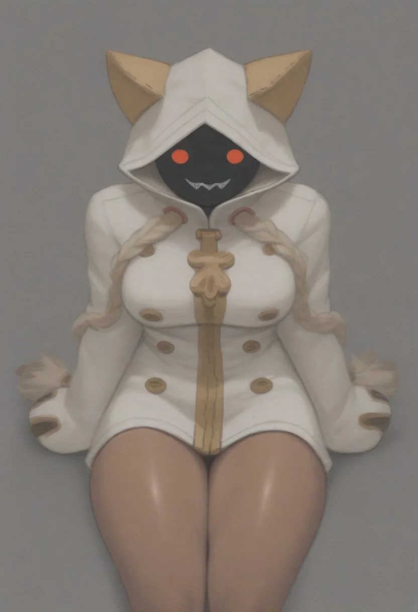 masterpiece, best quality, amazing quality,,, shiny skin,,,,,source_furry, taokaka, animal humanoid, cat humanoid, felid, felid humanoid, feline, feline humanoid, humanoid, kaka \(blazblue\), mammal, mammal humanoid, accessory,, black body, black fur, black skin, blonde hair, bow \(feature\), bow accessory, bow ribbon, braided hair,, clothed, clothing, empty eyes, fangs, female, fur, furgonomics, hair, hair accessory, hair bow, hair ribbon,, hood, hoodie,, long hair, <lora:taokaka_pdxl:1>