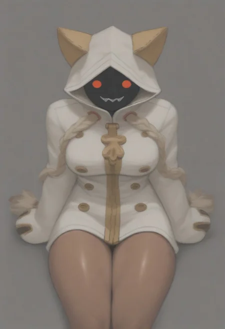 masterpiece, best quality, amazing quality,,, shiny skin,,,,,source_furry, taokaka, animal humanoid, cat humanoid, felid, felid humanoid, feline, feline humanoid, humanoid, kaka \(blazblue\), mammal, mammal humanoid, accessory,, black body, black fur, black skin, blonde hair, bow \(feature\), bow accessory, bow ribbon, braided hair,, clothed, clothing, empty eyes, fangs, female, fur, furgonomics, hair, hair accessory, hair bow, hair ribbon,, hood, hoodie,, long hair, <lora:taokaka_pdxl:1>