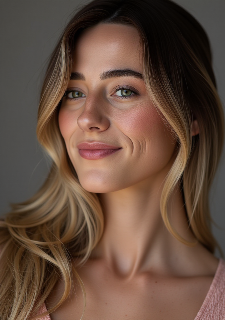 A high resolution photograph of a young woman with a closed mouth smile as she shares a thoughtful, intimate moment with the viewer.