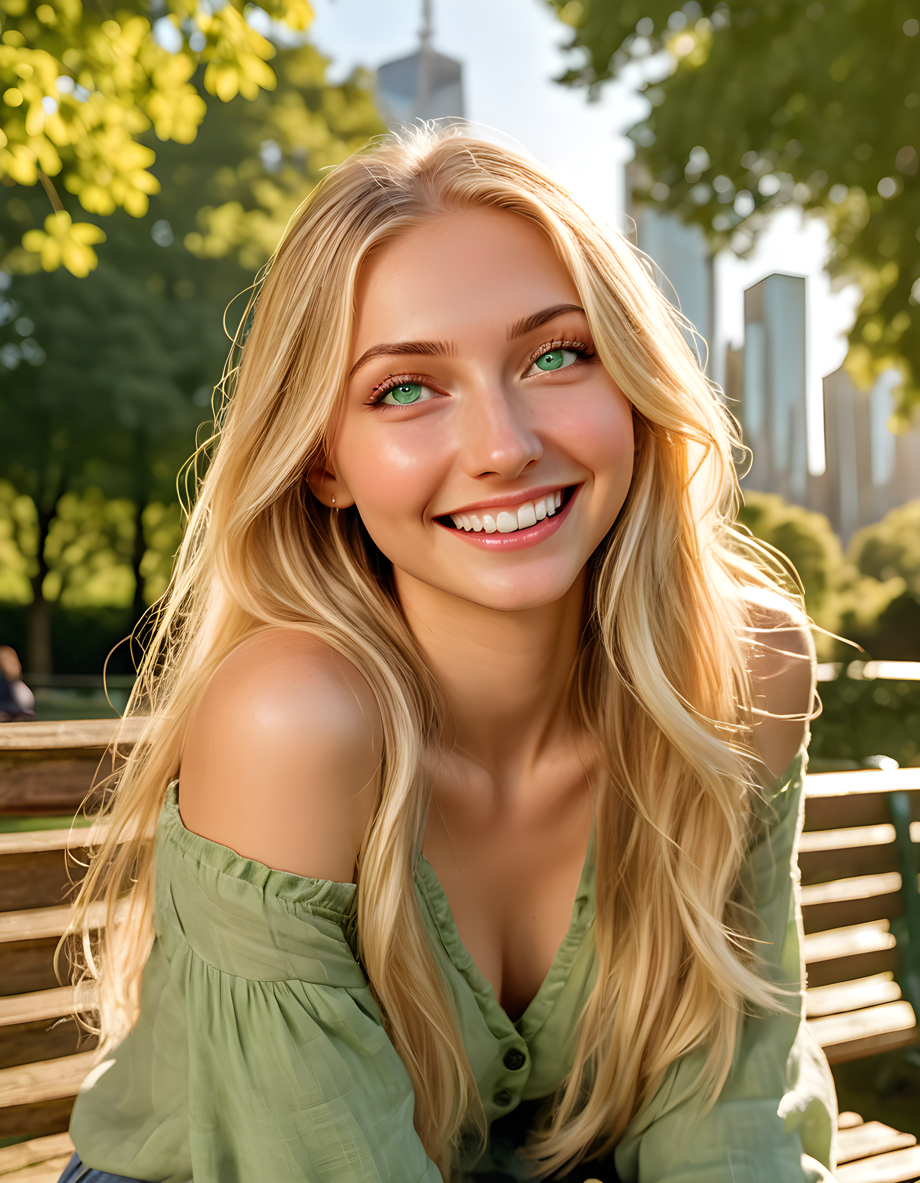 In a bustling city park bathed in golden afternoon sunlight, a radiant woman named Kemkin is seated on a weathered wooden bench, her emerald eyes locked with the viewer's. Her long blonde hair cascades down her shoulders, framing a vibrant smile that reveals perfectly white teeth. The camera captures her in a close-up shot from a slightly elevated angle, focusing on her expressive lips as they curve into an endearing grin, the lush greenery of the park and the towering cityscape serving as a picturesque backdrop behind her.