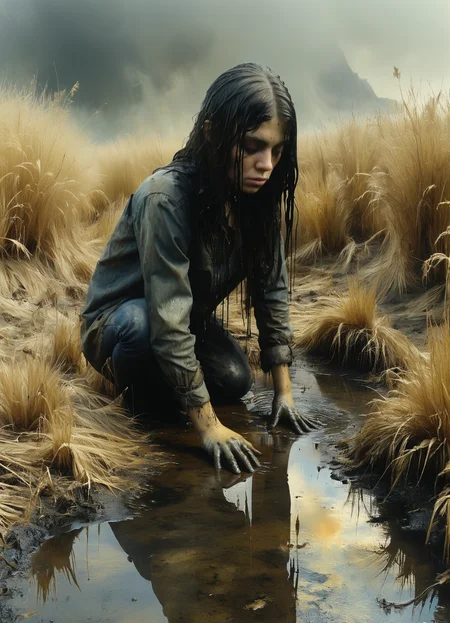 woman near a puddle of (water with an oil film:1.5),looks at the viewer,dry dirty grass,pollution,frogs in oil,DonMP41n717Bl4ckXL,High detailed RAW color Photo,8k,<lora:DonMP41n717Bl4ckXL:1>,oil film on water,<lora:The_Dark_Side_of_the_Earth:0.8>,