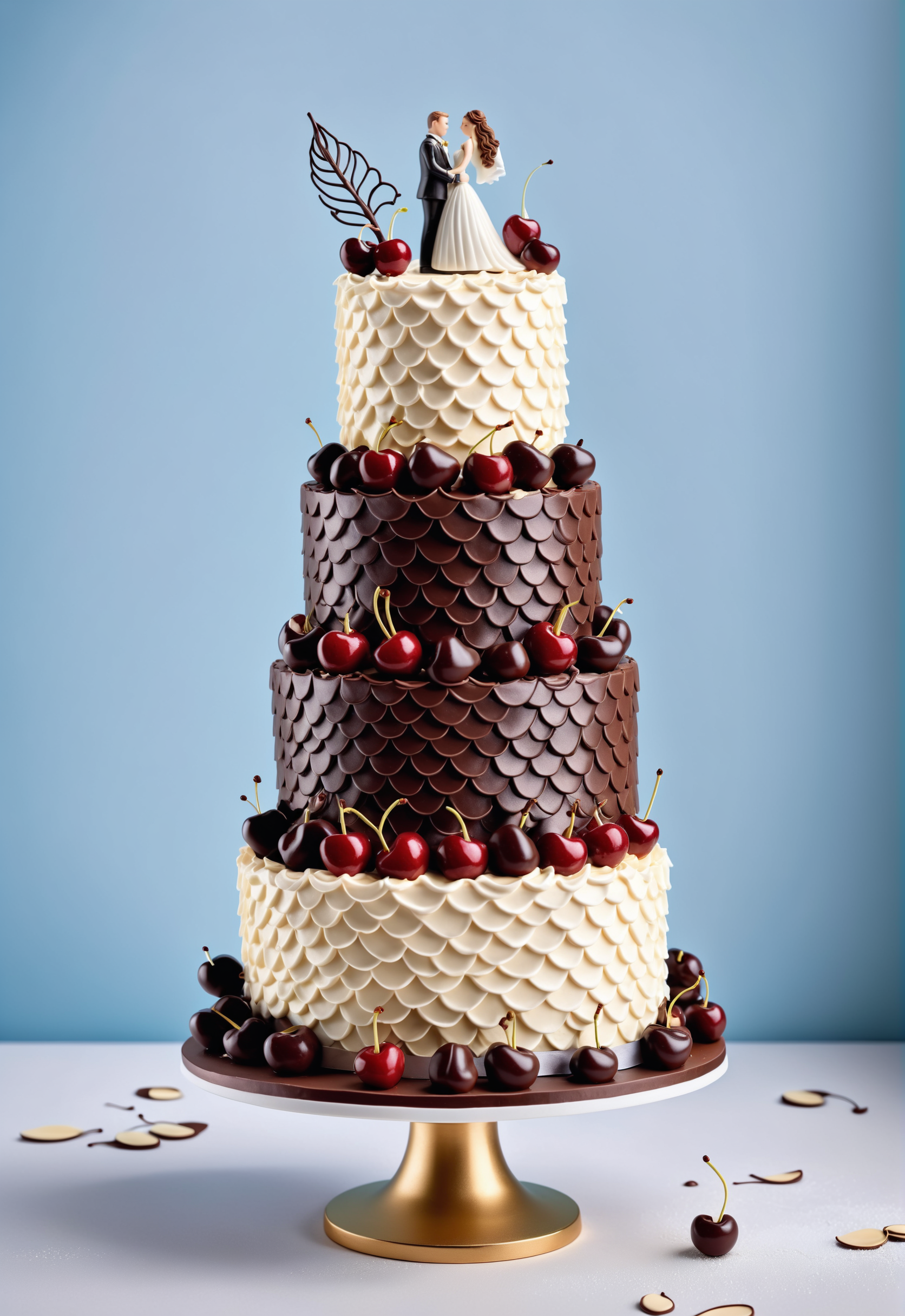 a multi-layered wedding cake made of vanilla and cherries with whipped cream covered in scales, chocolate bride and groom miniatures on top
<lora:dvrscls:0.8> dvrscls