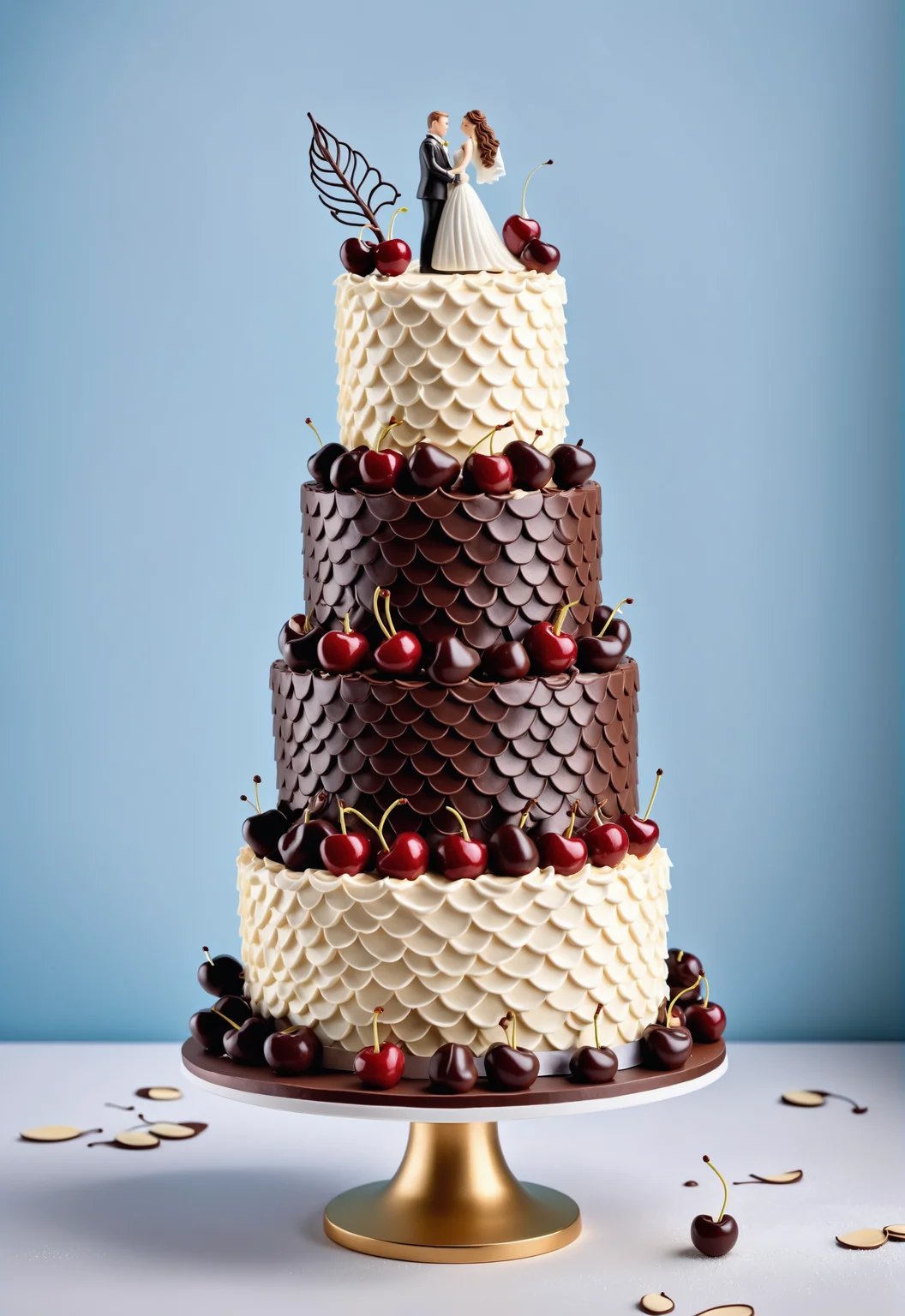 a multi-layered wedding cake made of vanilla and cherries with whipped cream covered in scales, chocolate bride and groom miniatures on top
<lora:dvrscls:0.8> dvrscls