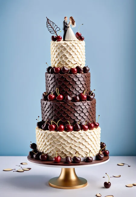 a multi-layered wedding cake made of vanilla and cherries with whipped cream covered in scales, chocolate bride and groom miniatures on top
<lora:dvrscls:0.8> dvrscls