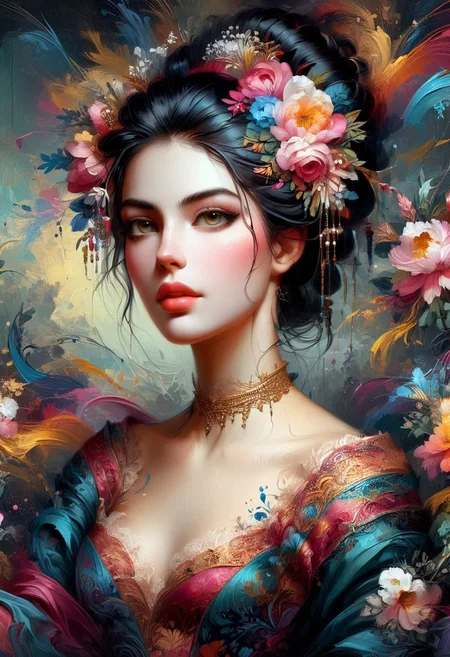 A captivating oil painting featuring a woman with dark hair, elegantly swept up and adorned with delicate flowers and ornaments. inkbaroque. Mysterious woman, dark hair elegantly styled, adorned with delicate flowers, ornaments, abstract interpretation, vibrant colors, flowing lines, intricate details, digital illustration, high resolution, focus on facial expression, artistic flair, unique composition, dark background, FFROA