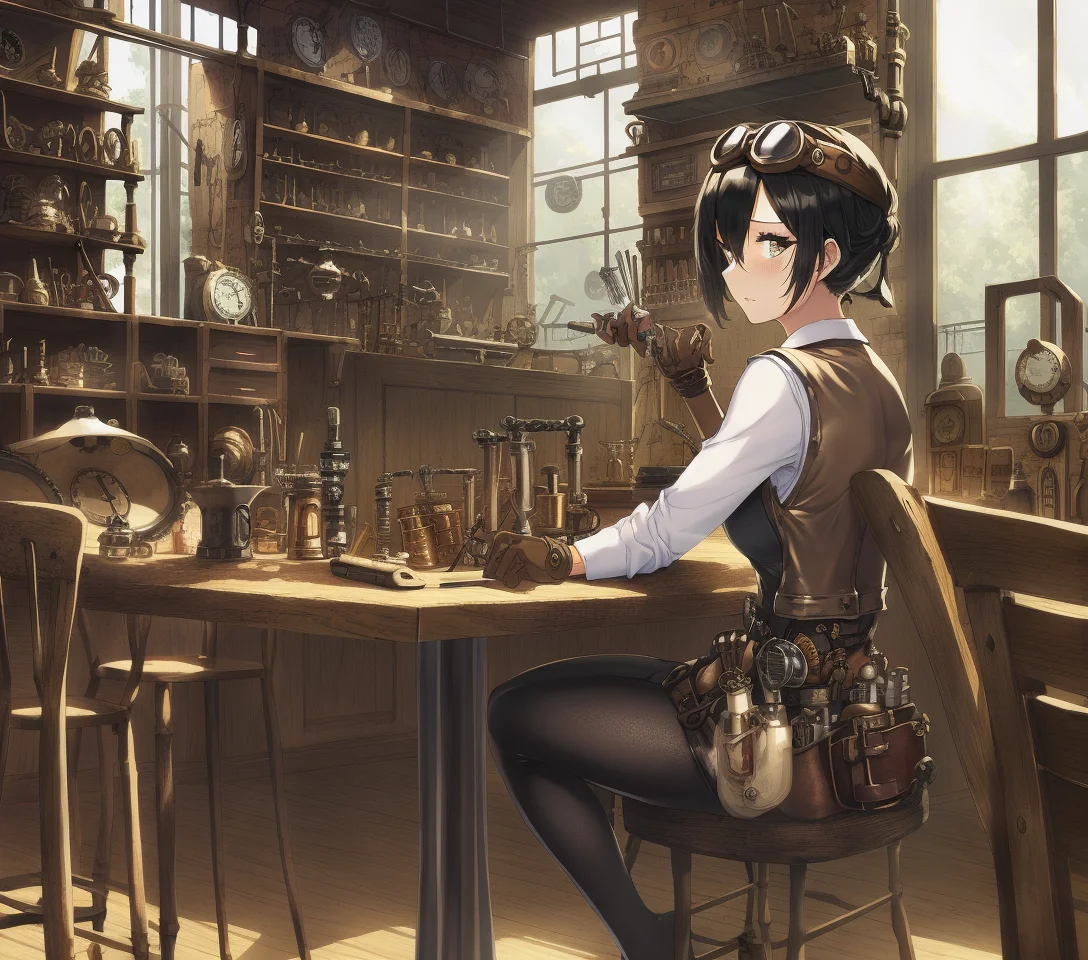 1woman, black hair, steampunk goggles, prosthetic arms, table, vest, solo, masterpiece, clocks, wooden shack, clockwork, clocksmith, sunlight, caustics, reflective, tools, pipes, steam