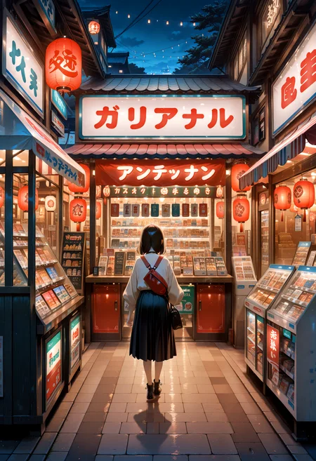 lazypos, official art, (beautiful and aesthetic: 1.3),
1girl, perfect lighting, detailed, JapStore,scenery,shop,sign,lantern,night,storefront,paper lantern,