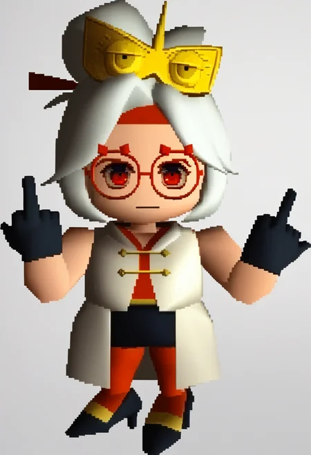 score_9, score_7_up BREAK  ffviichibis, chibi, standing, full body, white background,purah,hair ornament, red headband, red glasses, sleeveless shirt, white coat, black skirt, red leggings, gloves, high heels,middle finger <lora:zs_FFVIIChibisXL_1:1.2> <lora:purah-pdxl-nvwls-v1:0.8>
