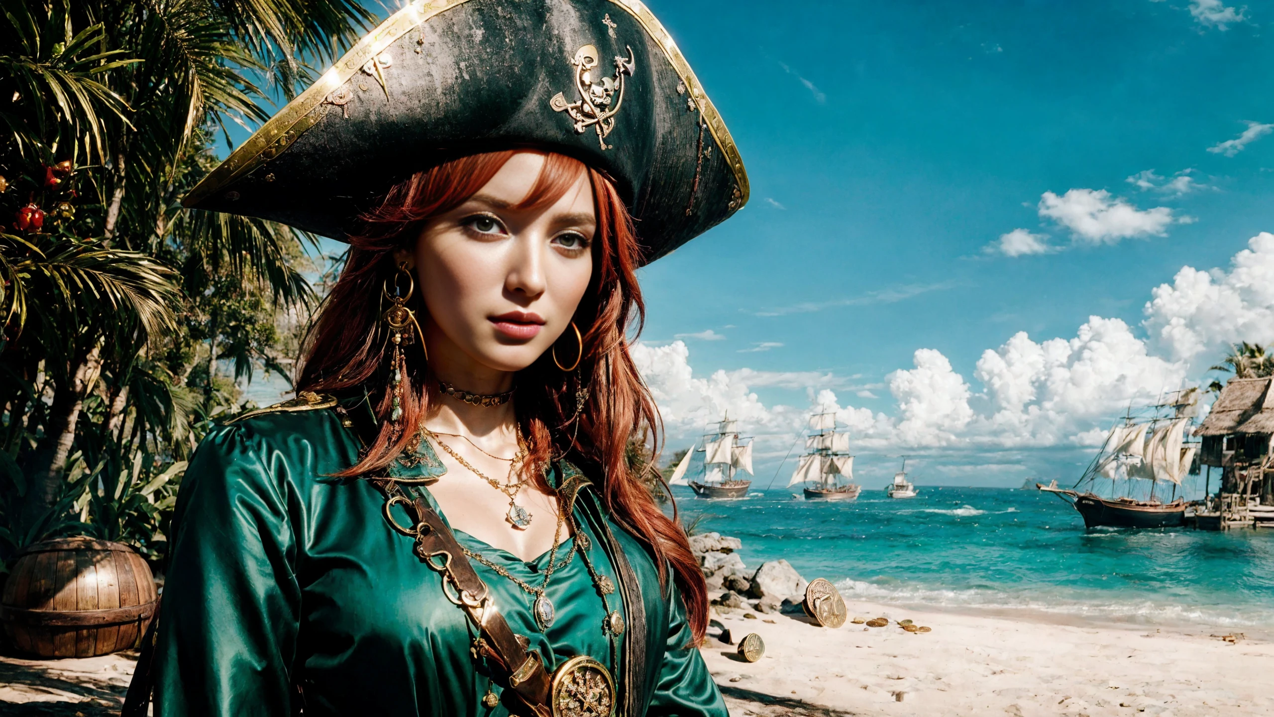 (young redhead pirate woman), (portrait), sharp focus, (ultradetailed), (standing), (happy) smile, pirate (ship galleon:1.2,  hoop earrings, gold medallion, Emerald Greenpirate clothes, pirate hat, hips, (pirate parrot:1.2),  pirate (village), leafy beach coast, (treasure chest with coins, gems and jewels:1.2), rum barrel, best quality masterpiece,  bright sunny sky, backlight, natural lights, high contrast, hdr, shadows, pretty, beautiful, feminine, sexy, adorable, lovely, in love, (PirateDiffusionprt:0.5),  <lora:Pirate:0.3>  PrateT  <lora:PirateRealms:0.3> <lora:Detail Tweaker LoRA add_detail:0.8> <lora:depth_of_field_slider_v1:5> <lora:SDXLrender_v2.0:0.9>