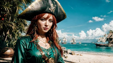 (young redhead pirate woman), (portrait), sharp focus, (ultradetailed), (standing), (happy) smile, pirate (ship galleon:1.2, hoop earrings, gold medallion, Emerald Greenpirate clothes, pirate hat, hips, (pirate parrot:1.2), pirate (village), leafy beach coast, (treasure chest with coins, gems and jewels:1.2), rum barrel, best quality masterpiece, bright sunny sky, backlight, natural lights, high contrast, hdr, shadows, pretty, beautiful, feminine, sexy, adorable, lovely, in love, (PirateDiffusionprt:0.5), <lora:Pirate:0.3> PrateT <lora:PirateRealms:0.3> <lora:Detail Tweaker LoRA add_detail:0.8> <lora:depth_of_field_slider_v1:5> <lora:SDXLrender_v2.0:0.9>