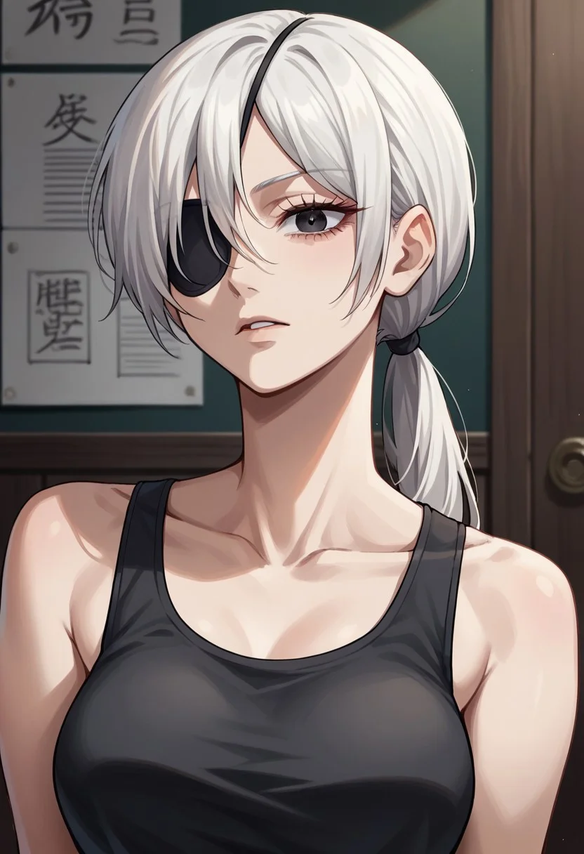 anime artwork, score_9, score_8_up, score_7_up, score_6_up, score_5_up, solo, perfect eyes, detailed eyes, beautiful female, detailed face, dynamics lines, 20 year old, perfect beautiful face, long eyelashes, sharp eyes pupils, room, medium breasts,1 girl, white hair, ponytail, long hair, black eyes, eyepatch, black tank top, collarbone, sleeveless, bare shoulders, upper body,