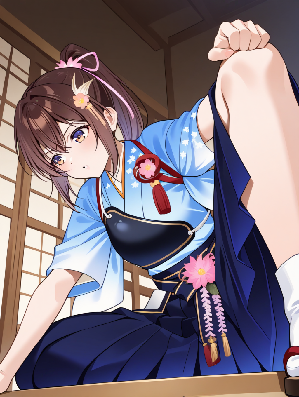 perfect quality,best quality,absolutely eye-catching,ambient occlusion,raytracing BREAK
1girl,<lora:houkyuu IL v1.1:1>,houkyuu,brown hair,ponytail,hair ornament,blue japanese clothes,blue print hakama,wide sleeves,muneate,flower,wide sleeves,solo,zouri,tabi,, from below, looking away,close-up,leaning_forward,paw_pose,stretch,spread legs,