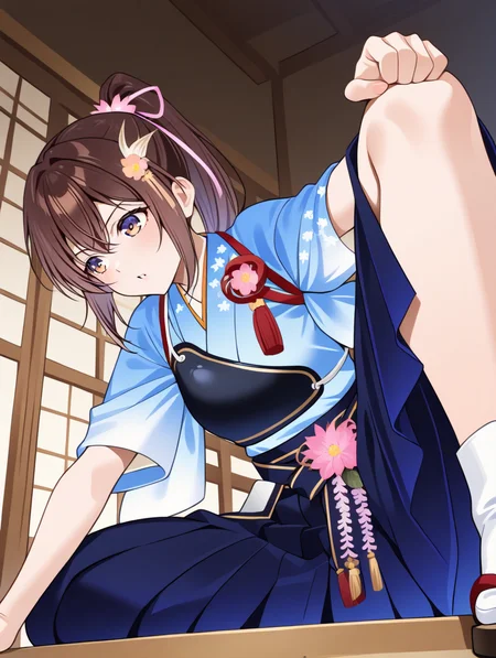 perfect quality,best quality,absolutely eye-catching,ambient occlusion,raytracing BREAK
1girl,<lora:houkyuu IL v1.1:1>,houkyuu,brown hair,ponytail,hair ornament,blue japanese clothes,blue print hakama,wide sleeves,muneate,flower,wide sleeves,solo,zouri,tabi,, from below, looking away,close-up,leaning_forward,paw_pose,stretch,spread legs,