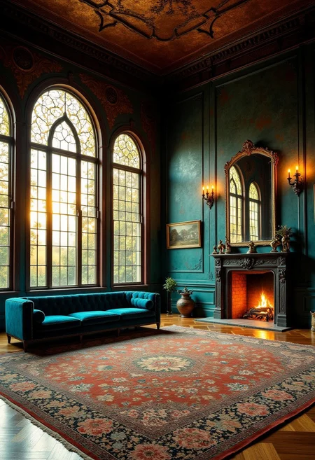 Deep Teal & Copper Ballroom at Sunrise
A vast ballroom bathed in deep teal hues, with aged copper floral wall engravings catching the soft golden light of sunrise filtering through tall, stained-glass windows. The ceiling is adorned with intricate copper filigree, reflecting the warm glow of vintage sconces. A massive teal and navy velvet sectional sofa stretches along the room, accented by handwoven copper-threaded rugs. In the corner, a large antique fireplace crackles, casting a cozy yet regal glow over the space.