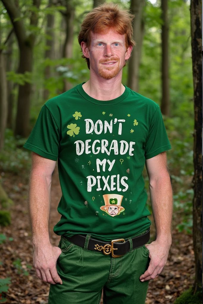 men leprechaun on a forrest wearing with a shirt that reads "Don't degrade my pixels"