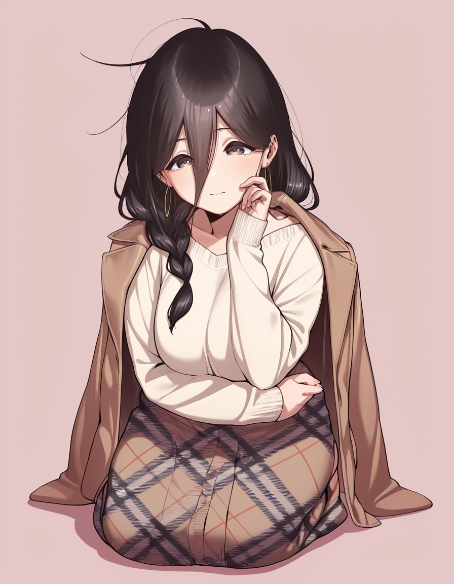 masterpiece, best quality, amazing quality, simple background,
1girl, solo, full body, 
<lora:sumi_ayane-tonari_no_ayane_san-ixl-manga-soralz:1>, sumi ayane (tonari no ayane-san), long hair, hair between eyes, single braid, hoop earrings,
jacket on shoulder, long sleeves, sweater, plaid skirt, black hair, brown eyes
