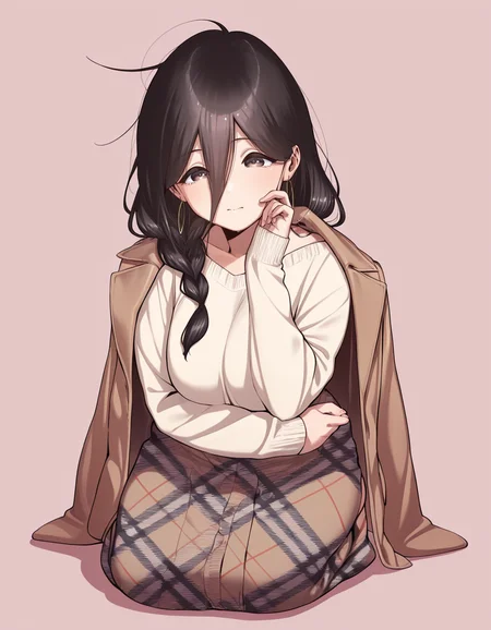 masterpiece, best quality, amazing quality, simple background,
1girl, solo, full body,
<lora:sumi_ayane-tonari_no_ayane_san-ixl-manga-soralz:1>, sumi ayane (tonari no ayane-san), long hair, hair between eyes, single braid, hoop earrings,
jacket on shoulder, long sleeves, sweater, plaid skirt, black hair, brown eyes
