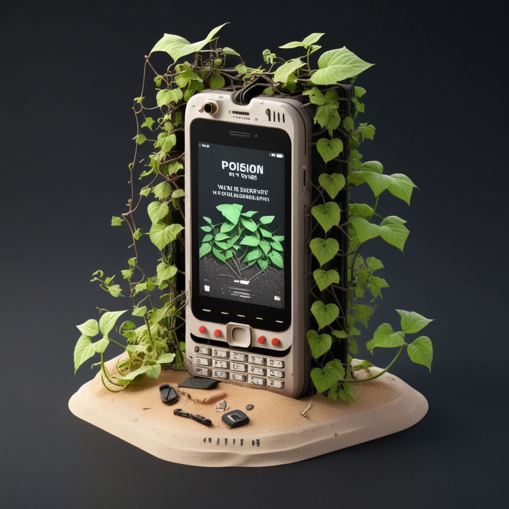 isztoksk, 3d render of a mobile phone lost to the sands of time, poison ivy, vines, post apocalyptic, black background, no humans, english text, simple background, 3d, miniature, isometric, game design, octane render, masterpiece, best quality