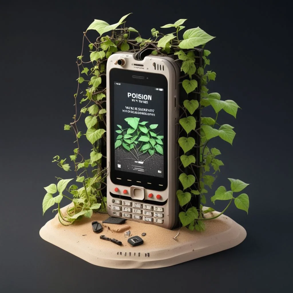 isztoksk, 3d render of a mobile phone lost to the sands of time, poison ivy, vines, post apocalyptic, black background, no humans, english text, simple background, 3d, miniature, isometric, game design, octane render, masterpiece, best quality