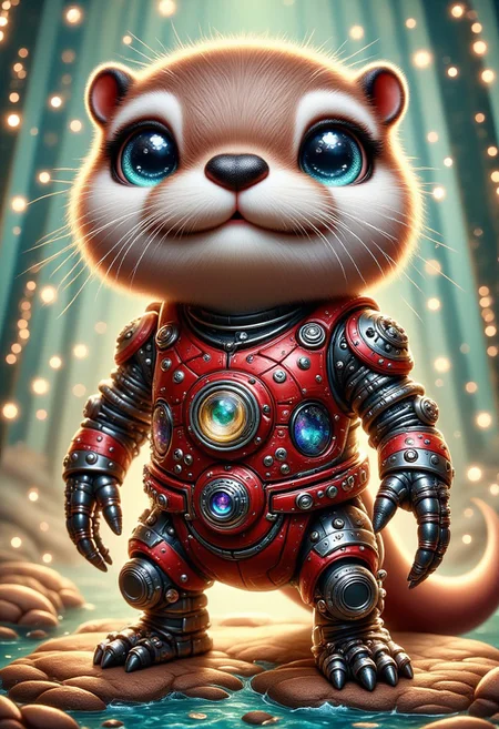 chibi animal,
sci-fi, stylized by Lorenz Hideyoshi and Drew Struzan, digital art, robotic (Otter:1.2) , the Otter is dressed in Yankeecore fashion style cybernetics, Contemporary art, mixed media painting, abstract expressionism, experimental techniques, dynamic compositions, Movie posters, iconic images, cinematic style, dynamic compositions, fractal, concept art, handsome, lush, beautiful composition, rich deep colors, enhanced quality
, detailmaximizer