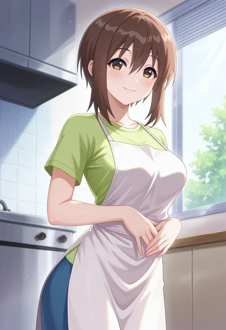 masterpiece, best quality, amazing quality, 1girl, solo, cowboy shot, n-motherww, brown eyes, brown hair, short hair, bangs, hair between eyes, sidelocks, medium breasts, green shirt, untucked shirt, short sleeves, blue skirt, long skirt, white apron, looking at viewer, smile, indoors, day, skindentation, detailed clothing folds, depth of field, sharp, high contrast, dynamic light <lora:Nagasumi_Mother_Seto_no_Hanayome_ill_v11:0.9>
