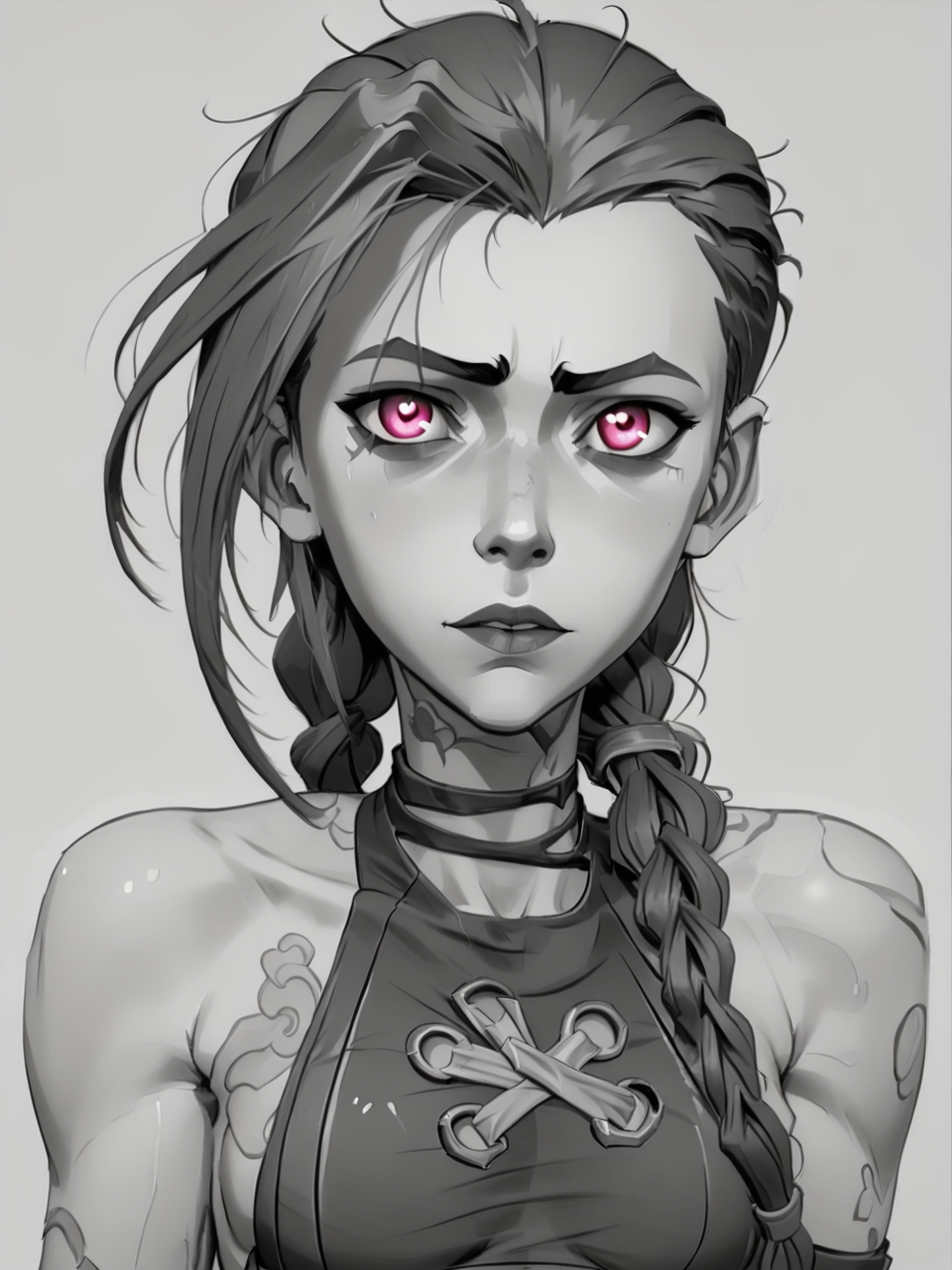 score_9, score_8_up, score_7_up,  score_6_up, BREAK, Sk3tch, sketch, monochrome, <lora:Sketch:1> 1girl, j1nx, pink eyes, looking at viewer, chocker, long twin pigtails, tattoo <lora:JinxPDXL:0.8>