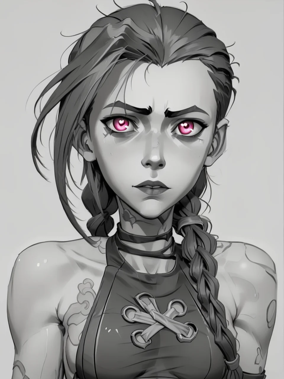 score_9, score_8_up, score_7_up, score_6_up, BREAK, Sk3tch, sketch, monochrome, <lora:Sketch:1> 1girl, j1nx, pink eyes, looking at viewer, chocker, long twin pigtails, tattoo <lora:JinxPDXL:0.8>