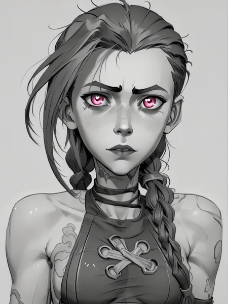 score_9, score_8_up, score_7_up, score_6_up, BREAK, Sk3tch, sketch, monochrome, <lora:Sketch:1> 1girl, j1nx, pink eyes, looking at viewer, chocker, long twin pigtails, tattoo <lora:JinxPDXL:0.8>