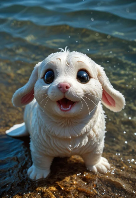 "Seal Pupigeon" - A Puppy with a Magical Twist
This adorable hybrid is primarily a puppy, with irresistible features enhanced by the charm of a seal and a pigeon. Its fluffy, velvety fur is mostly creamy white with golden and gray undertones, giving it a soft, seal-like sheen. Its big, soulful puppy eyes glisten with curiosity and playfulness, framed by faint lashes that amplify its cuteness.
The rounded head sports subtle pigeon feather tufts, blending seamlessly with its floppy puppy ears. A tiny, wet nose and a slightly open mouth reveal its playful, puppy-like demeanor. Its small, sturdy body is accented by short, flipper-like paws and folded pigeon wings that nestle softly against its fur, adding a whimsical, fantastical touch.
The scene is a sunny meadow by a coastal tide pool, where the puppy hybrid wags its stubby tail and gazes at the shimmering water. Vibrant wildflowers and smooth pebbles surround it, while sunlight highlights every detail of its glossy coat and delicate features. This photorealistic creation captures the magical essence of a puppy reimagined with a hint of fantasy.
Keywords/Tags: Hyper-Realistic, Hybrid Animal, Puppy-Bunny-Squirrel, Adorable, Fluffy, Photorealism, Nature, Whimsical, Magical Creature, Realistic Fantasy, Innocent and Playful.