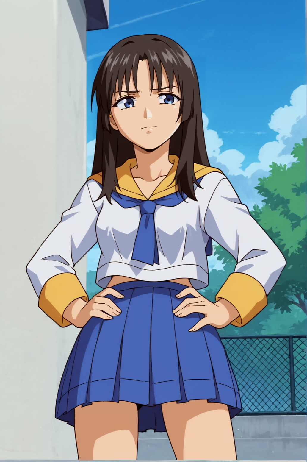 score_9, score_8_up, score_7_up,anime_source, source_anime, best background, detailed background, anime screencap,  Rumi, light smile, hands on hips, embarrassed, school uniform, serafuku, solo, outdoors, <lora:JN_Rumi_Kitazawa:0.8>
