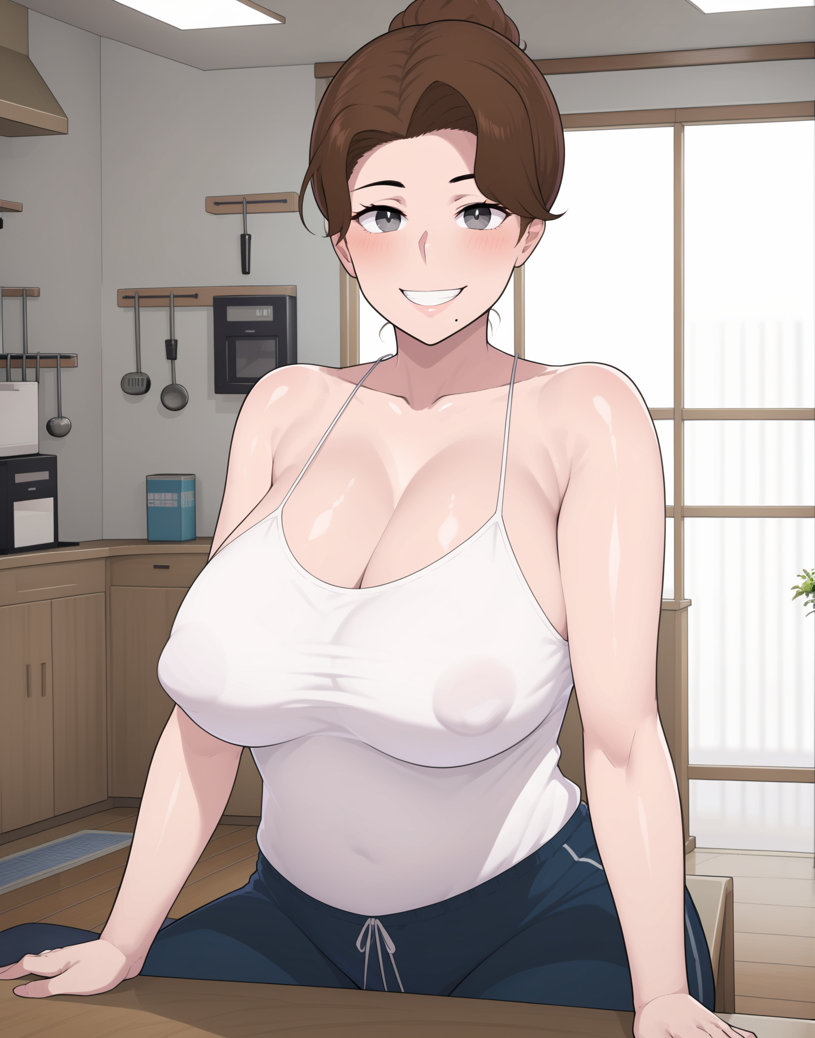 masterpiece, best quality, amazing quality, very aesthetic, absurdres,score_9, score_8_up,sharp focus,, , highres, , depth of field,, azusaxl, 1girl, solo, breasts, white shirt, tank top, looking at viewer, blush, smile, large breasts, brown hair, cleavage, hair bun, single hair bun,  , covered erect nipples , bare shoulders, , sitting, table, collarbone, sleeveless, indoors, , shiny skin,, grin, huge breasts, , , mole under mouth, mature female, spaghetti strap,, grey eyes
<lora:azusaxl:1>