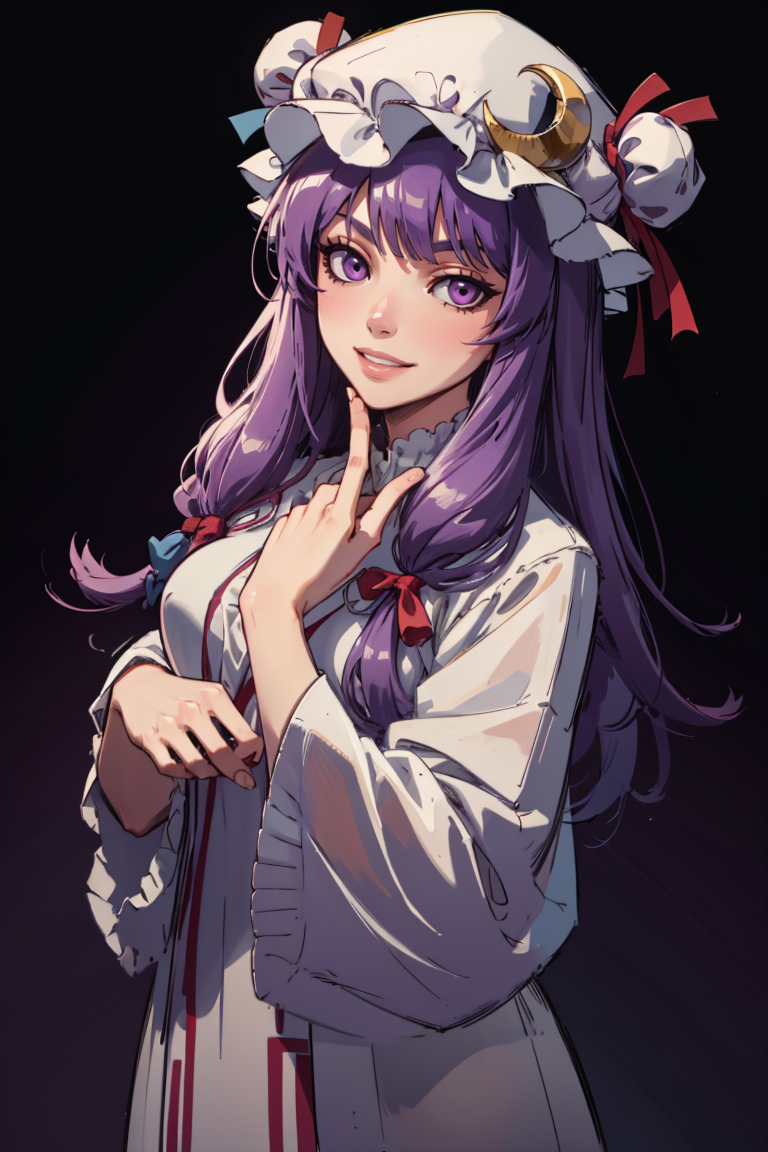 ((masterpiece,best quality)), absurdres,
<lora:patchouli_knowledge-byPatchouli:0.8>, patchouli_knowledge, 1girl, solo, purple hair, purple eyes, long hair,  mob cap, crescent hat ornament, 
solo, smiling,