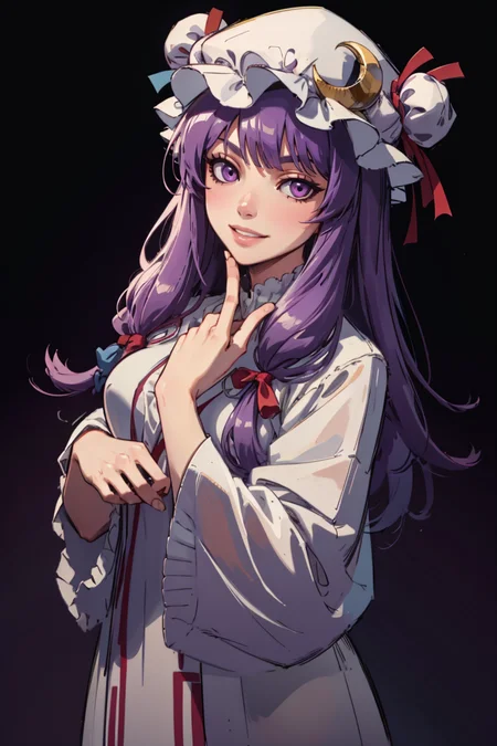 ((masterpiece,best quality)), absurdres,
<lora:patchouli_knowledge-byPatchouli:0.8>, patchouli_knowledge, 1girl, solo, purple hair, purple eyes, long hair, mob cap, crescent hat ornament,
solo, smiling,