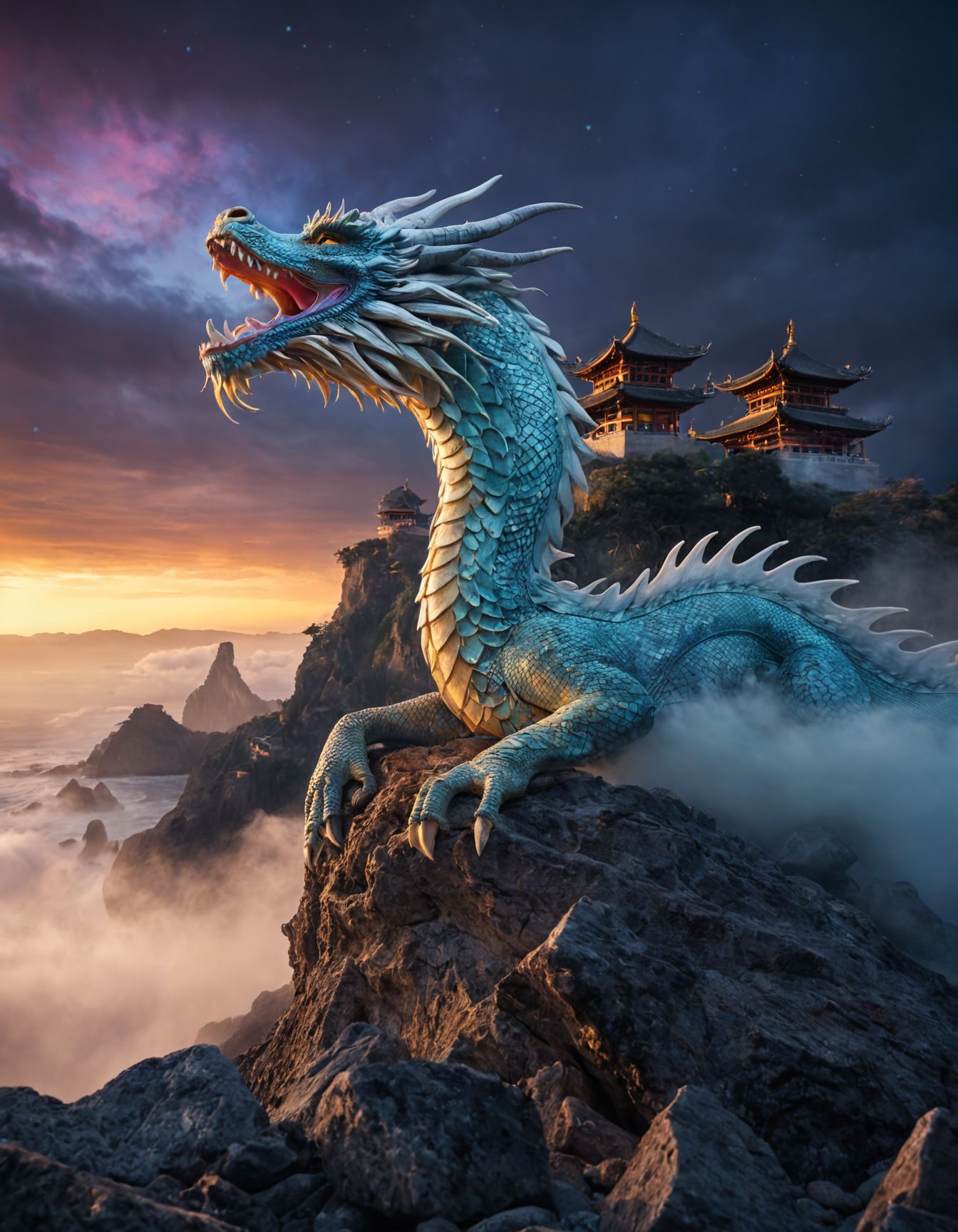 portrait, masterpiece, 4k, ray tracing, intricate details, highly-detailed, hyper-realistic, 8k RAW Editorial Photo.
Create an amazing oil painting Pic of the following situation: a white giant dragon appears out of white fog and watches high above an Asian landscape, some Houses,vivid natural colors, bright, amazing landscape, perfect composition, a rich and complex image of nature, a vibrant tissue of hues and textures captured digitally, best quality, double exposure, realistic, captivating, fantastical, splash art, intricately detailed, hyper detailed, maximalist style, photorealistic, concept art, sharp focus, harmony, serenity, calm, mysterious glow, dynamic lighting, masterpiece, superb composition, finest details, highest aesthetics, strong muted highlighter of fantastical beach rock scenery, mystical glow, best quality, sharp focus, high contrast, stylized, clear, colorful, ultra quality, 8k, best quality, masterpiece,midjourneyv6.1
cinematic light, dramatic light, shallow depth of field,  high budget, bokeh, cinemascope, film grain,