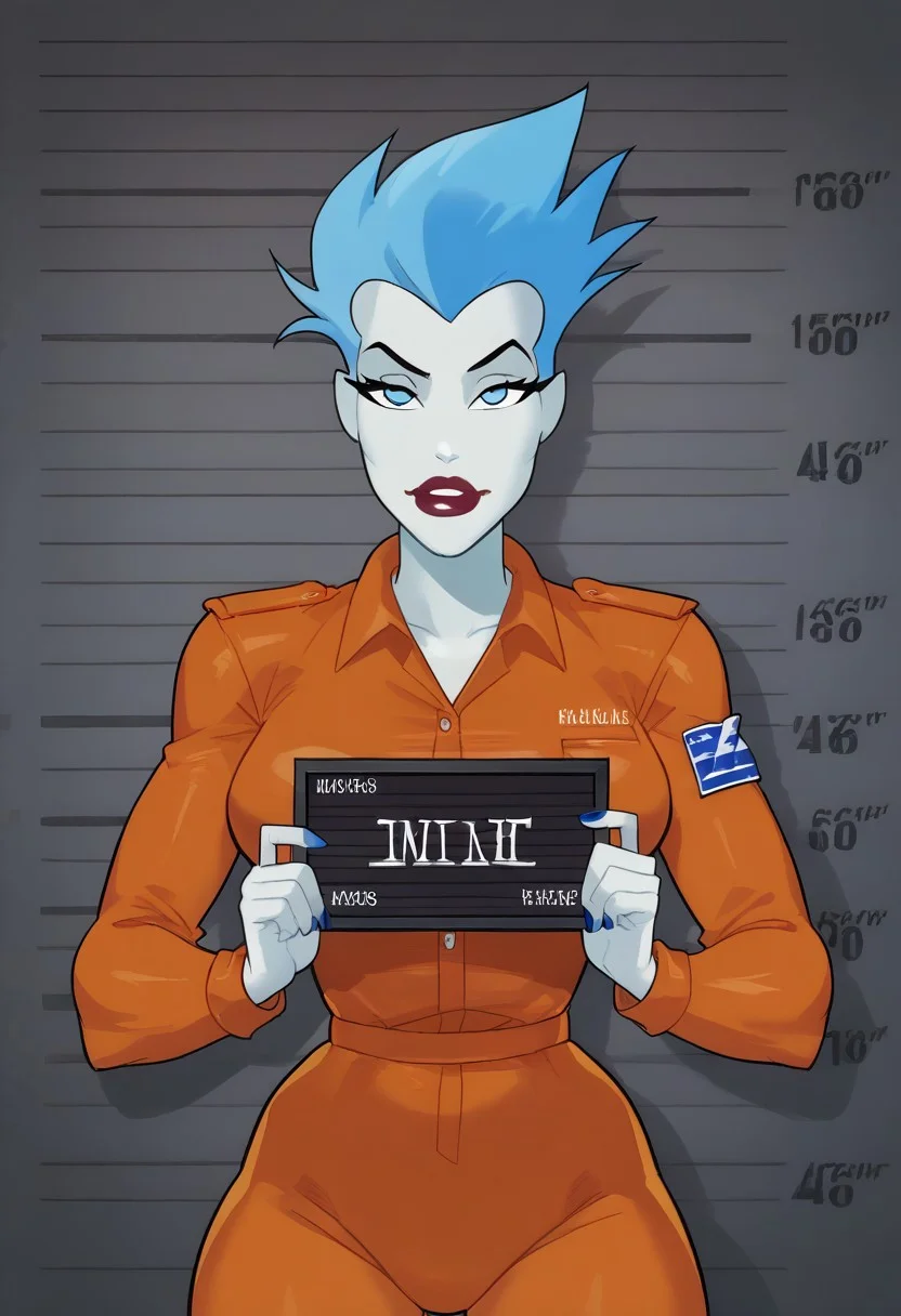 score_9, score_8_up, score_7_up, 4k, best quality, masterpiece, perfect body, perfect eyes, perfect hands,
mature_female, MILF, voluptuous body,
BREAK
livewirexl, blue punk hair, blue eyes, pale skin, small breasts, solo, orange jumpsuit, prison uniform,
BREAK
<lora:barbie-mugshot-ponyxl-lora-nochekaiser:1> barbie mugshot, barbie mugshot (meme) height mark, holding sign, nameplate, height chart, sign, meme,
BREAK
cowboy shot, dutch angle