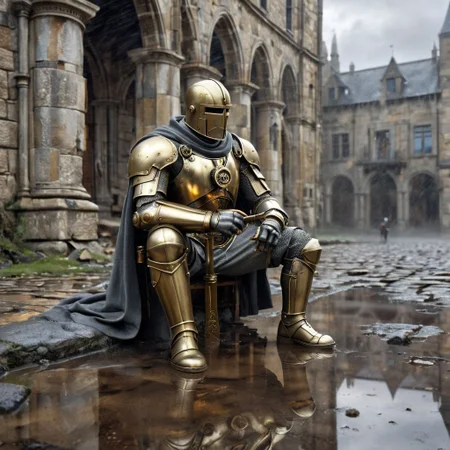 Masterpiece, DonMSt34mPXL, Realistic Lightning, Cinematic Lightning, Dark Lightning, Rain, Puddle, Clouded Sky, medieval, fantasy, pedestrians, Cape, Reflection.
((((broken, sitting, brass Clockwork Soldier, with human like face and holding a broken sword) leaning against (abandoned gray stone building))) in a (medieval city)). Highly detailed clockwork soldier. (Unfocused medieval pedestrians in background). fandist background.