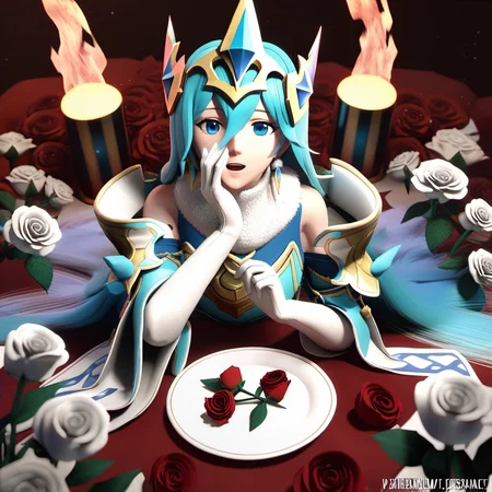 1girl, fjorm (fire emblem), fjorm (ice ascendant) (fire emblem), by kodoto, 3d, armor, blonde hair, blue eyes, blue hair, breastplate, earrings, elbow gloves, flower, full body, fur collar, gloves, hair between eyes, hair flower, hair ornament, hand up, headpiece, jewelry, long hair, long sleeves, looking at viewer, open mouth, pauldrons, rose, shoulder armor, solo, spikes, very long hair, white flower, white gloves, white rose, wide sleeves,