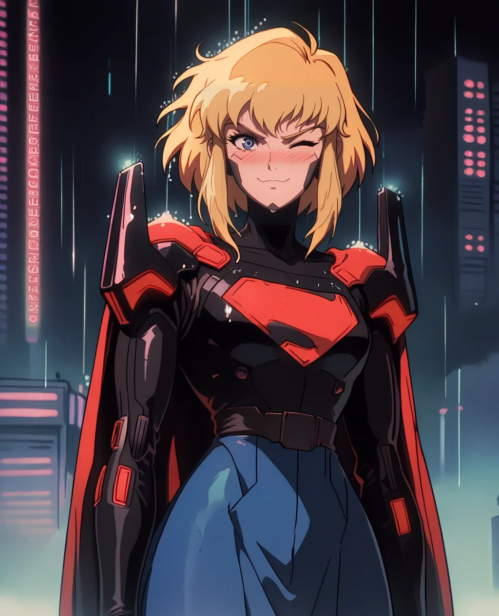 score_9, score_8_up, score_7_up, score_6_up, score_5_up, score_4_up, source_anime , anime screencap, 1girl, blonde hair, solo,, karacivil, short hair, , sidelocks, blue eyes, , wide hips, narrow waist,nose blush,supergirl_costume, cape, red_skirt,red_elbow_gloves miniskirt, thick thighs, smile hands on hips, wink,
dark theme, glow, neon, neon city background, rain, wet, night sky, cyberpunk art, neogeo, saturated, high contrast, halftone, (sharp edges, sharp outlines), cel shading, source_anime,
<lora:RetroAnimeRedux_epoch_10:1> <lora:KaraSuper:.9> <lora:OldAnimeStyle_XL_v3:.5> Vintage, 1990s \(style\)