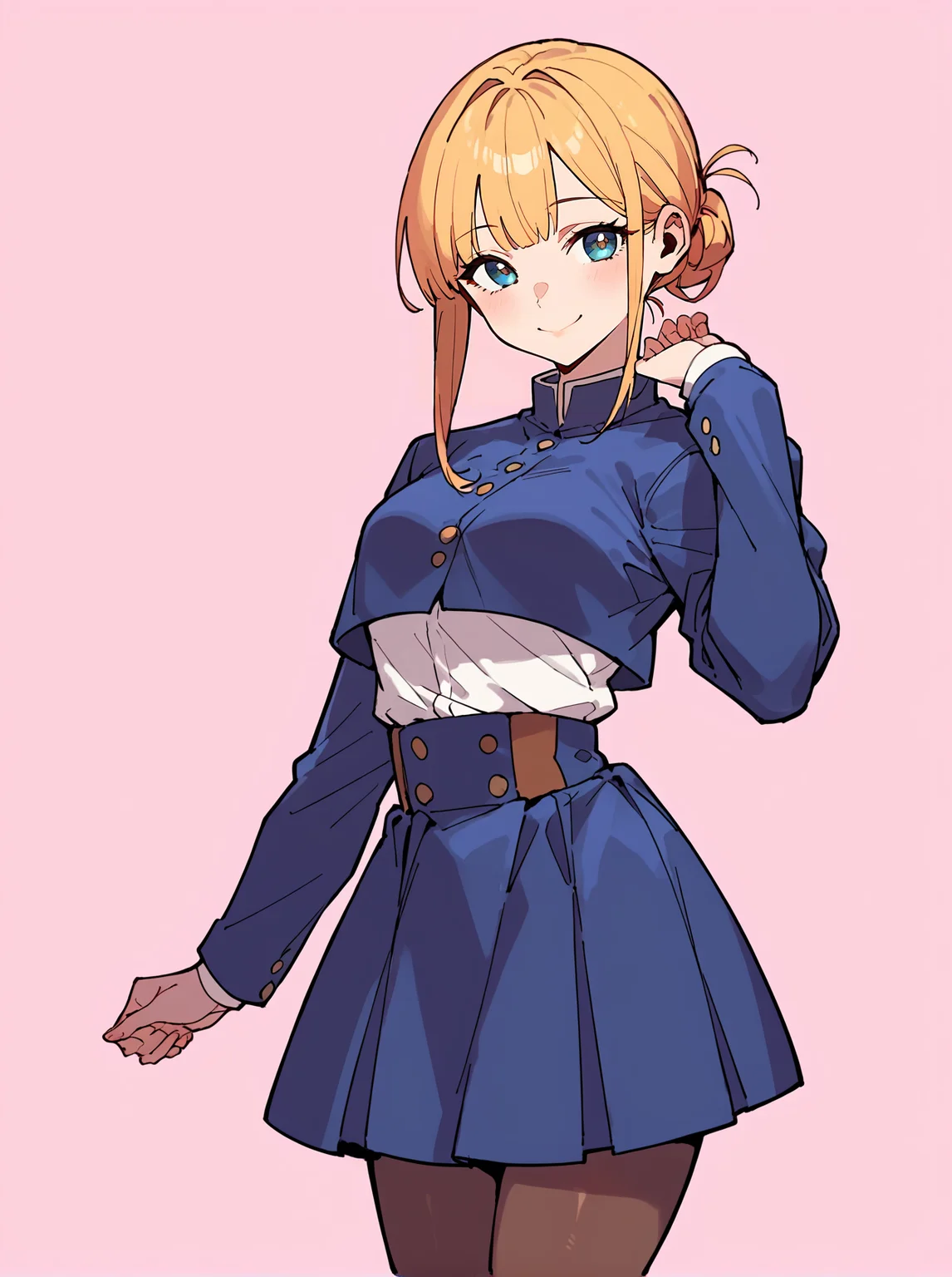 score_8_up, score_7_up, score_6_up, source_anime, 1girl, solo, simple background, pink background,
standing, pose, contrapposto, arched back, cowboy shot, facing viewer
smile,
cropped jacket, long sleeves, blue skirt, high-waist skirt, medium skirt, pantyhose
<lora:Nobara:1>