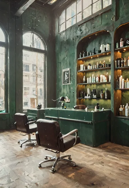 ((a beautiful woman in a Hair Salon, green and dark brown color Palette, urban city  window view)), 
bust shot, close-up lips, 
modern interior design, cyberpunk, 
Recliner|Dressing table|Table lamp|Screen|Monitor|Signboard_Details,
Metal|Glass|Leather|Textiles|Carpet|Pillow_Texture,
perfect blonde hair, 
(modern photo, fashion dress up:1.1), 24mm, (analog, cinematic, film grain, hazy atmosphere, detailed eyes, (seductive), (epicPhoto), (looking at viewer), (cinematic shot:1.3),
ac_neg1, great lighting, extremely detailed, happy, Hair Salon, impressionist painting, zoya