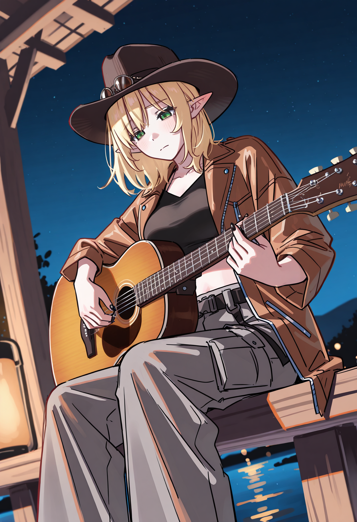 lineart, sketch,
1girl, pointed ears, elf, blonde, small eyes, green eyes, medium breasts, medium hair,
black crop top, grey cargo pant, aviator jacket with white fur, black cowboy hat,
sad face, playing guitar, music instrument, acoustic guitar, sitting on wooden pontoon,
dynamic angle, wooden pontoon, lake, morning lights, warm atmosphere, night, from below, five fingers, one thumb, black nails,
<lora:hamafuguIL-style:1>,hamafugustyle,