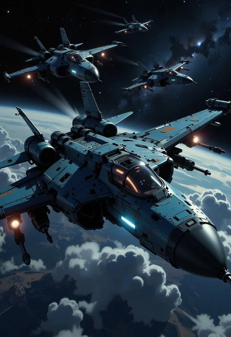 in the style of ck-mgs, A digital artwork in the style of cknc, a_skynet_cyberdyne_craft, the image is featuring a squadron of futuristic, highly advanced spacecraft fighters flying rapidly at in space, silhouetted, chiascuro, dark night, clear sky, stars, nebula. The fuselage is painted in camouflage blue and black, and the cockpit shows glowing led lights, and has a large air intake, dutch angle, the image slanted diagonally, motion blur