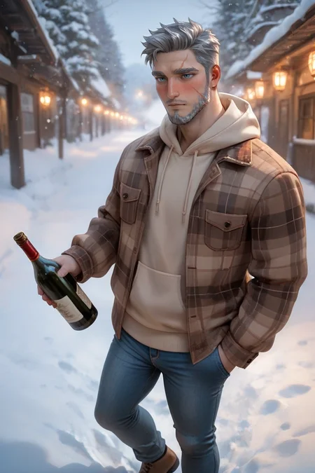 expressive manly face, shadow, dynamic angle, intricately detailed, depth of field, masterpiece, best quality, amazing quality, very aesthetic, absurdres, newest, very awa, 1boy, make focus, solo,coralsemeru,grey hair,short hair,blue eyes,facial hair,scar on face, human, tan hoodie, brown plaid jacket, open jacket, jeans, brown shoes, outside, snow, winter, holding wine bottle, drunk, blush,