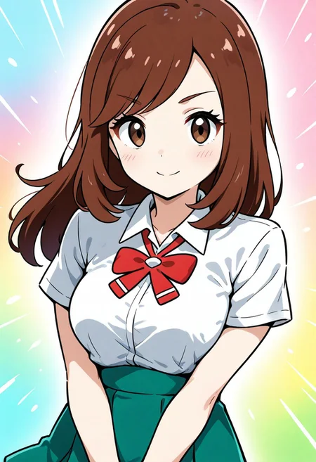 2d, masterpiece, best quality, amazing quality, 1girl, solo, close-up, standing, smile, looking at viewer, colorful background, color splashes, lasslgpe, lass \(pokemon lgpe\), brown eyes, brown hair, long hair, bangs, white shirt, collared shirt, short sleeves, red bowtie, green skirt, pleated skirt, miniskirt, cowboy shot, upper body, masterpiece, best quality, amazing quality, highres, absurdres, newest