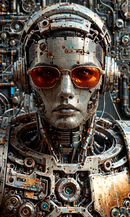 corroded  
A front page for a comic book titled 'Métal Hurlant,' featuring a highly detailed, futuristic humanoid robot. The robot should have a striking, mechanical face with intricate, ornamental elements, similar to the style of the provided image. The design should incorporate bold, swirling patterns around the robot, with a metallic sheen and rich color palette, primarily using shades of blue, gold, and purple. The background should be dark and atmospheric, with a slight desolation that adds to the mysterious and dystopian vibe. The title 'Métal Hurlant' should be prominently displayed at the top in a bold, metallic font, integrated into the design as if it's part of the intricate patterns surrounding the robot. The overall effect should be both surreal and imposing, capturing the essence of classic comic book covers with a modern, futuristic twist.
perfect face, perfect lighting, intricate, incredible detail, masterpiece, professional photoshoot, score_9, score_8_up, score_7_up, BREAK
 <lora:corroded:1>