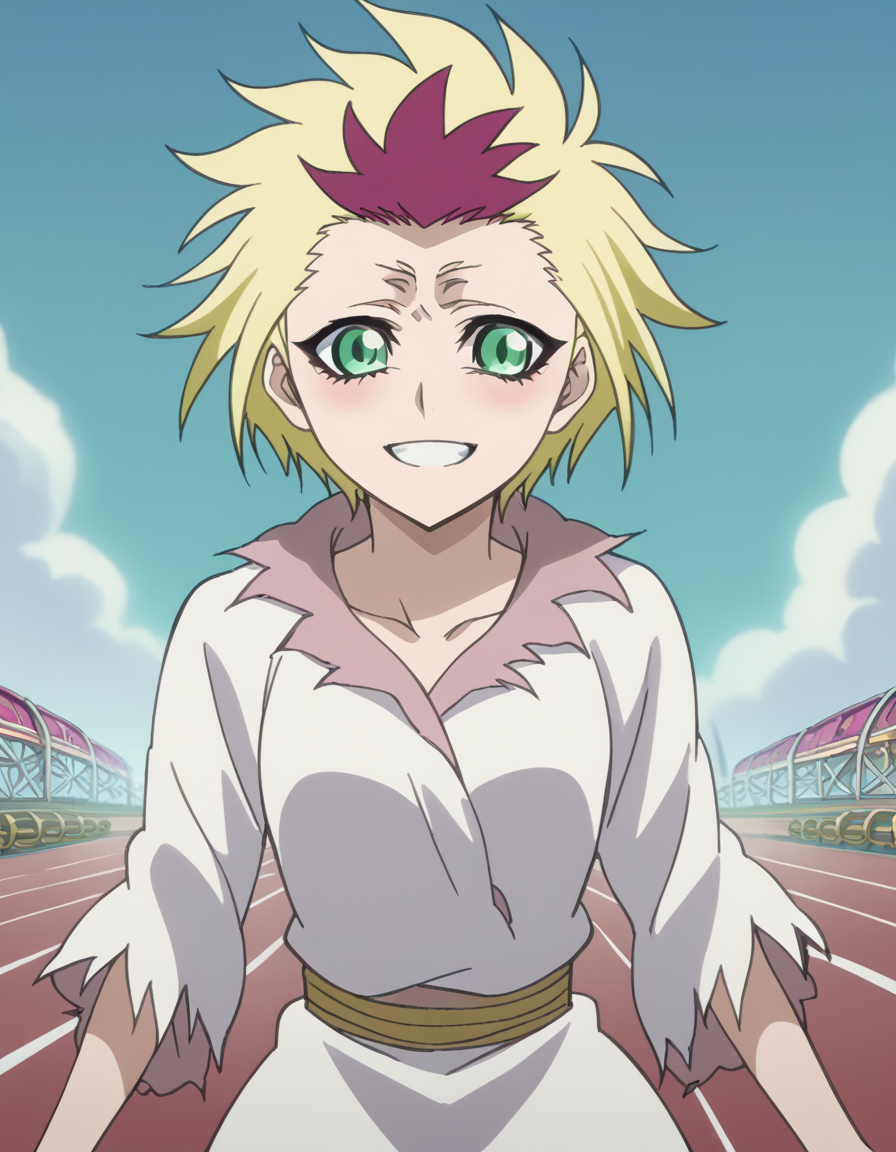 score_9, score_8_up, score_7_up, source_anime, <lora:bleach-homura-movie3-ponyxl-lora-nochekaiser:1>, homura, short hair, blonde hair, green eyes, red hair, multicolored hair, two-tone hair, anime screencap,, torn clothes, long sleeves, collarbone,, roller coaster, tracks, speed, fun, thrill, smile, <lora:finger-heart-ponyxl-lora-nochekaiser:1>, finger heart, heart, blush, smile,, looking at viewer, solo,, dutch angle, cowboy shot