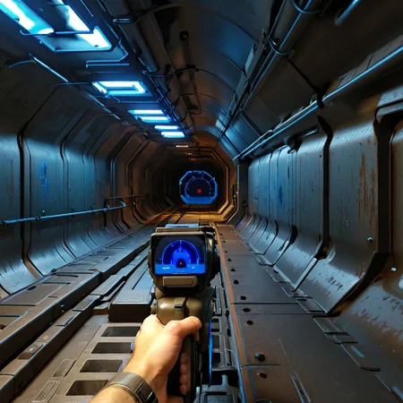 crawling through a metal ductway with a m314mtn blue glow, m314mtn, holding_tracker, holding, pov, trackerscreen